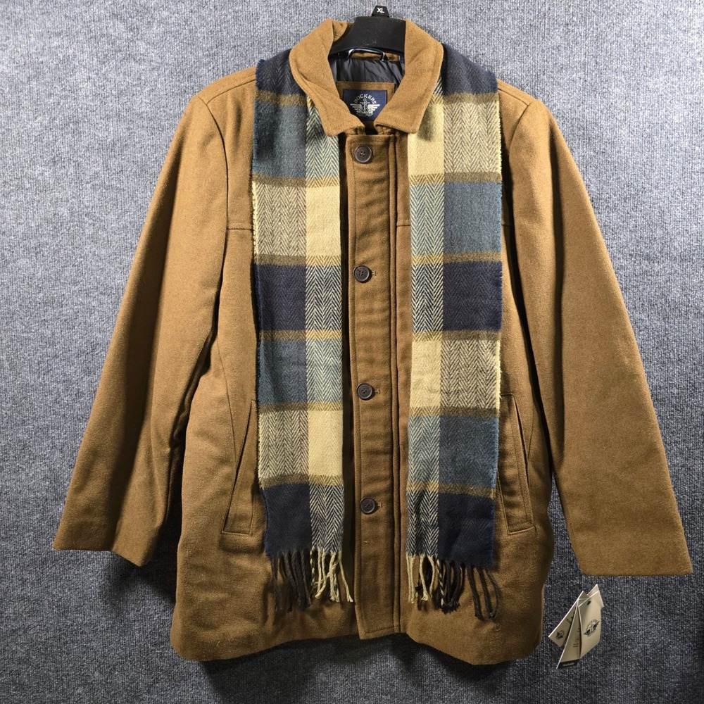 NWT Dockers Mens Wool Blend Car Coat Camel Brown with Plaid Scarf Set XL